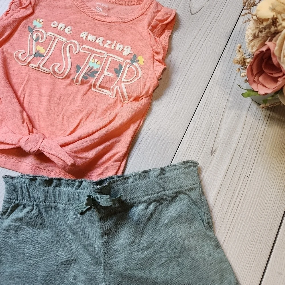 Carter's peach tank top and olive green short set size 9mo NWT